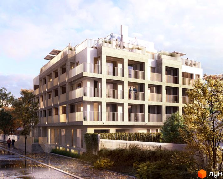 Будівельний проєкт 7 Avenue - це багатоповерхова новобудова з балконами та терасами, розташована біля зеленої зони та дороги з осіннім листям.