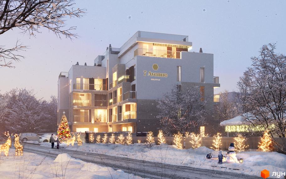 7 Avenue - новобудова взимку з різдвяними прикрасами. Зовнішній вигляд будівлі та прибудинкової території в снігу.