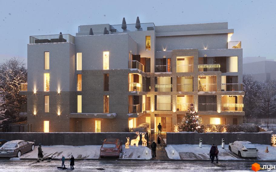 Зовнішній вигляд житлового комплексу 7 Avenue взимку зі святковою ілюмінацією та засніженою прибудинковою територією. Навколо будинку дерева, парковка з автомобілями та люди.