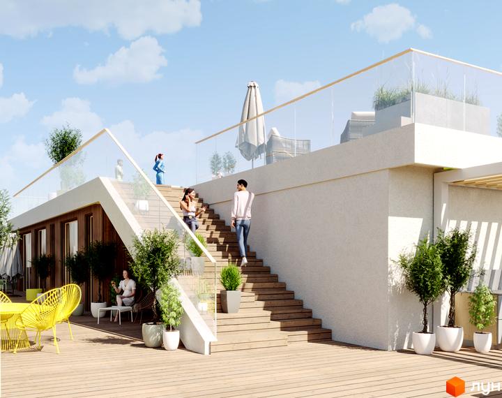 Зовнішній вигляд житлового комплексу 7 Avenue з терасою та сходами. Прибудинкова територія з місцями для відпочинку.