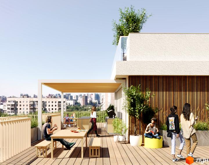 Зовнішній вигляд новобудови 7 Avenue з терасою та зонами відпочинку для мешканців. Сучасний житловий комплекс з відкритим простором та міським пейзажем.