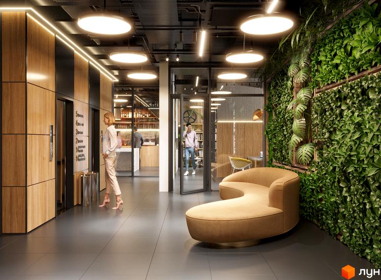 Сучасний хол житлового комплексу 7 Avenue з вертикальним озелененням та зоною відпочинку. Оцініть дизайн та комфорт вашого майбутнього дому.