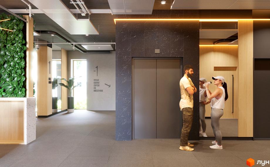 Сучасний дизайн холу в житловому комплексі 7 Avenue. Просторий простір з вертикальним озелененням та елементами дерева.