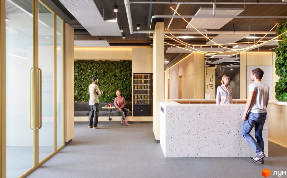 Інтер'єр лобі житлового комплексу 7 Avenue з вертикальним озелененням та зоною відпочинку. Сучасний дизайн та функціональний простір для мешканців.