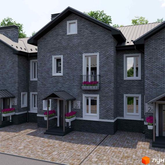 Зовнішній вигляд котеджного містечка КМ GREENBOR з сірої цегли та вимощеною територією. Сучасна архітектура та доглянута прибудинкова територія.