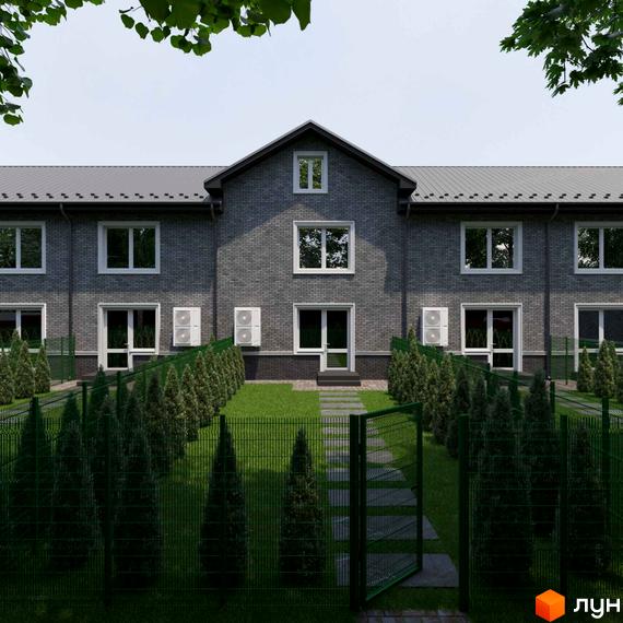 Котеджне містечко КМ GREENBOR з сірої цегли з білими вікнами, зелений газон та дерева перед будинками.