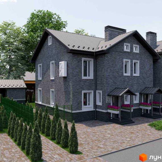 Котеджне містечко GREENBOR: сірий цегляний будинок з білими вікнами та темним дахом. Перед будинком вимощена територія, ряд туй та зелений паркан.