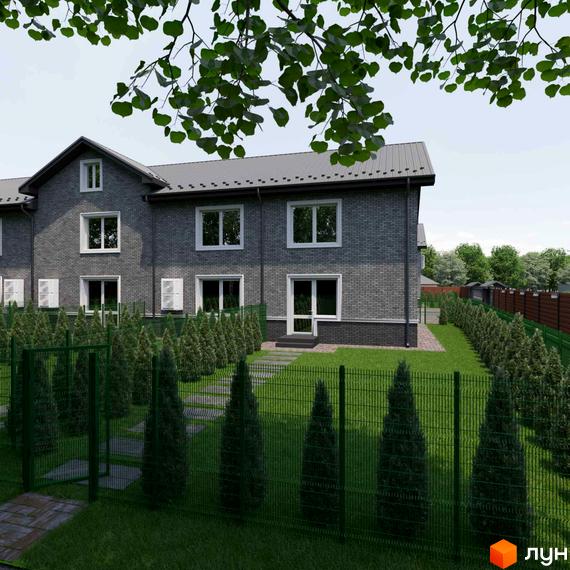 Котеджне містечко КМ GREENBOR: сірі цегляні будинки з металевим дахом, огороджена територія з газоном та туями.