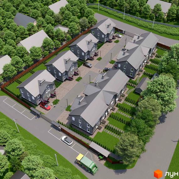 Котеджне містечко КМ GREENBOR. Зовнішній вигляд будинків та прибудинкова територія з зеленими насадженнями.