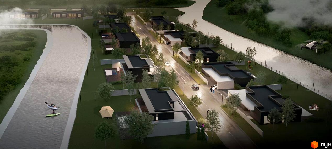 Зображення житлового комплексу КМ Water village. На фото видно будинки з плоскими дахами та терасами, розташовані вздовж каналу з озелененою прибудинковою територією.