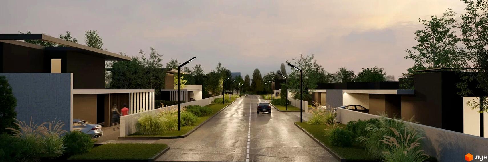 Містечко котеджів Water village. Одноповерхові будинки з темним фасадом та терасами. На території є зелені насадження та вуличне освітлення.