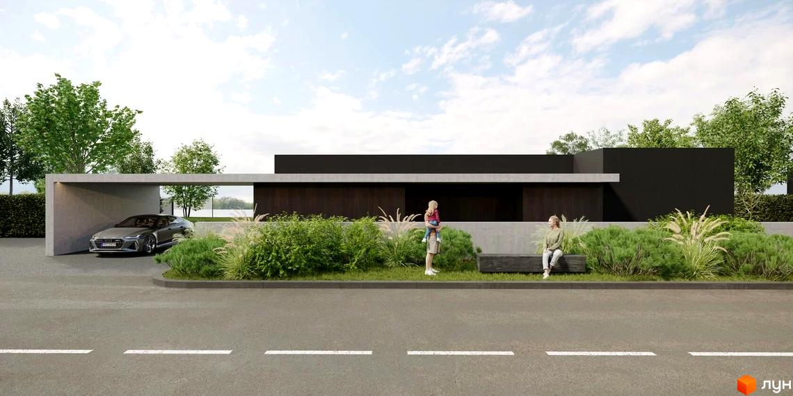 Фасад будинку КМ Water village з темним оздобленням та навісом для авто. Перед будинком газон, кущі та дорога з розміткою.