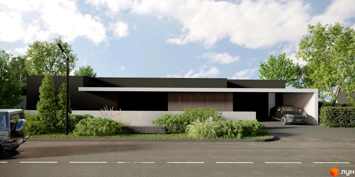 Фасад будинку з темним оздобленням та терасою. Перед будинком газон з рослинами, поруч дорога та місце для паркування авто.