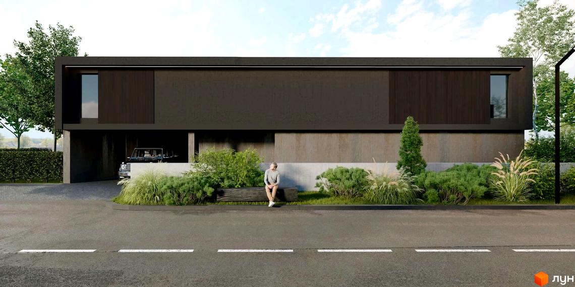 Фасад будинку в Містечку котеджів Water village з темним оздобленням та великими вікнами, перед будинком зелені насадження та дорога.