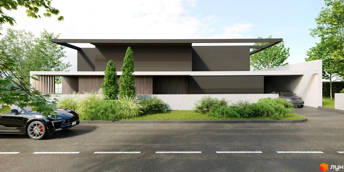 Двоповерховий будинок з плоским дахом, великими вікнами та гаражем. Перед будинком газон з кущами, поруч дорога з розміткою, припарковане авто.