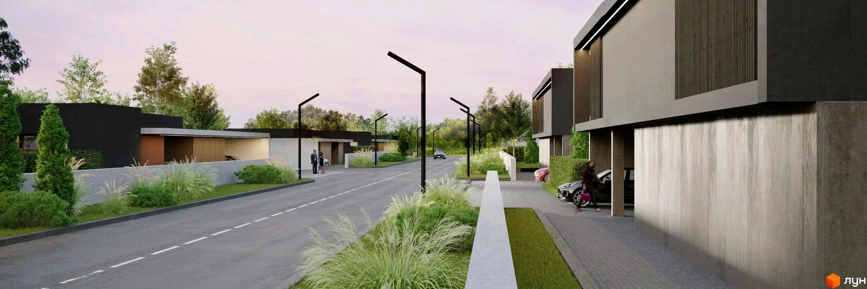 Котеджне містечко Water village. Малоповерхові будинки з бетонними фасадами, гаражами та доглянутою прибудинковою територією з рослинами та дорогою.