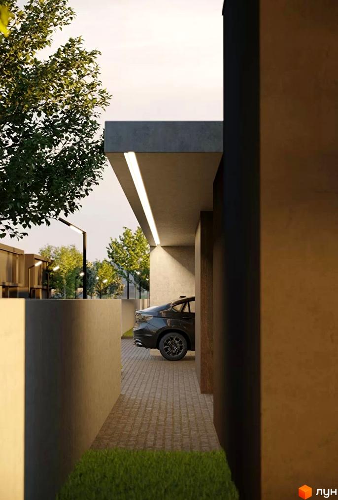 Вид на паркування в Містечко котеджів Water village. Чорний автомобіль біля будинку з бетонними стінами, бруківкою та газоном.