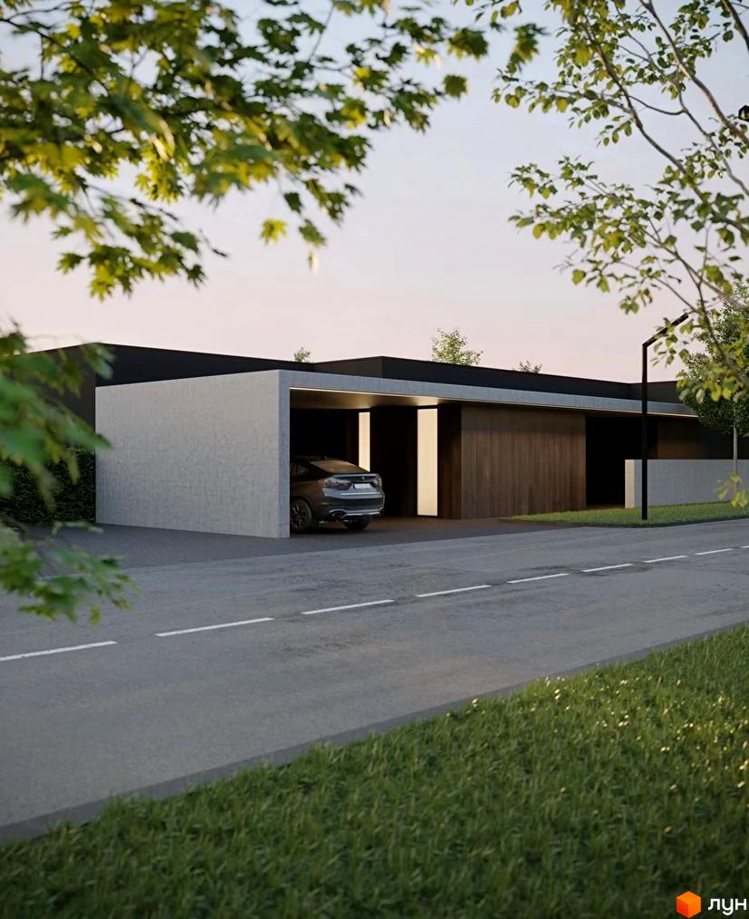Одноповерховий будинок з гаражем та асфальтованою дорогою. Поряд з будинком зелена трава та дерева, що створюють тінь.