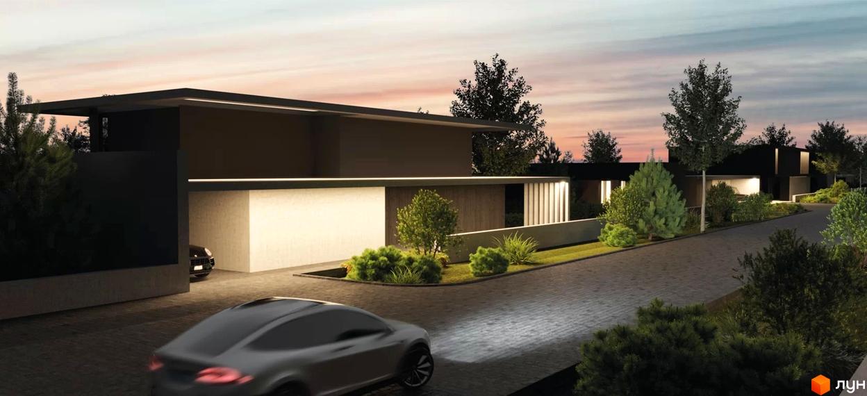 Зображення сторінки житлового комплексу КМ Water village. На фото зображено низькоповерховий будинок з плоским дахом та великими вікнами, перед будинком викладена бруківка, ростуть кущі та дерева.