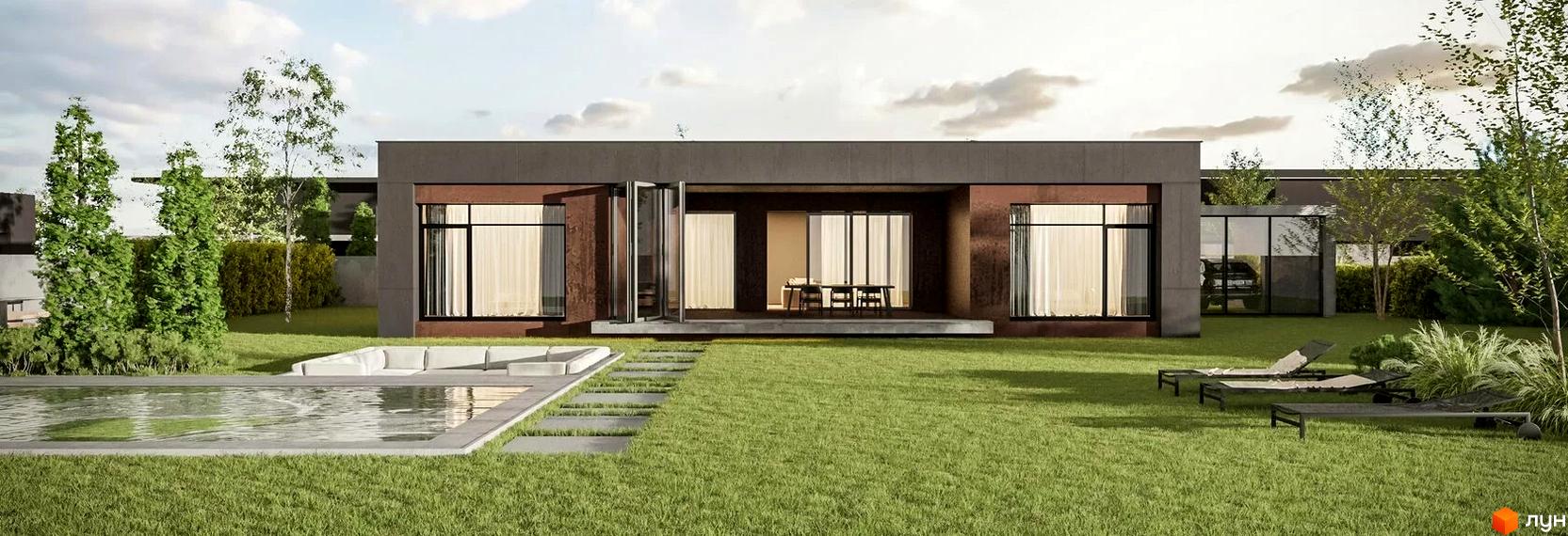 Одноповерховий будинок з великими вікнами та терасою, басейном та зоною відпочинку у Котеджному містечку Water village.