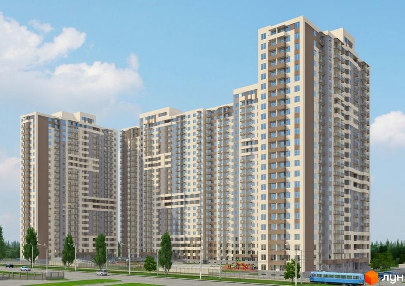 Житловий комплекс Альтаїр 2 - висотні будинки з коричневими та сірими фасадами, багато балконів та вікон. На прибудинковій території зелені насадження, дорога та дитячий майданчик.