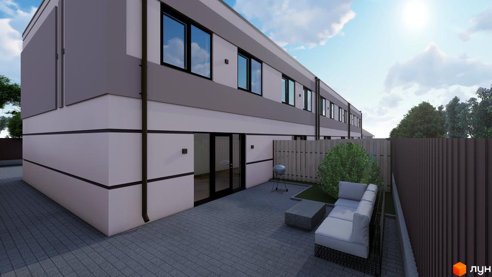 Зображення будинку ЖК La Vie з терасою та зоною відпочинку. Сіра плитка на подвір'ї, диван, мангал та зелені насадження.