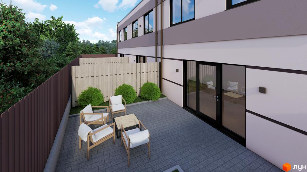 Зображення сторінки житлового комплексу. Двоповерховий будинок з панорамними вікнами та терасою. На території є зона відпочинку з меблями.