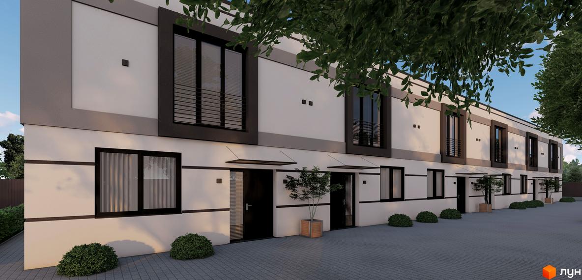 Фасад таунхаусів La Vie з великими вікнами та темними рамами. На прибудинковій території бруківка, кущі та декоративні дерева.