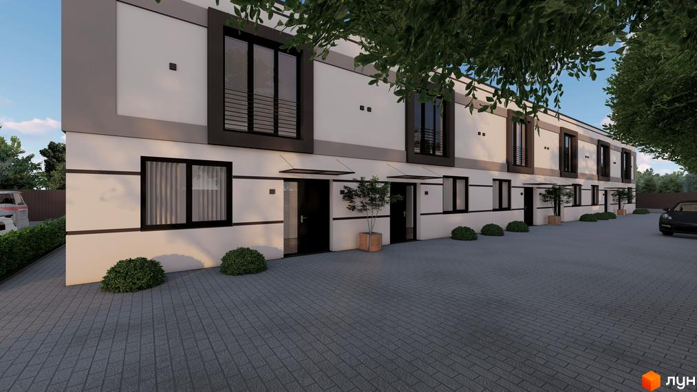 Зображення сторінки ЖК La Vie. Ряд двоповерхових таунхаусів з темними вікнами та дверима. Перед будинками викладена бруківка, ростуть кущі та дерева.