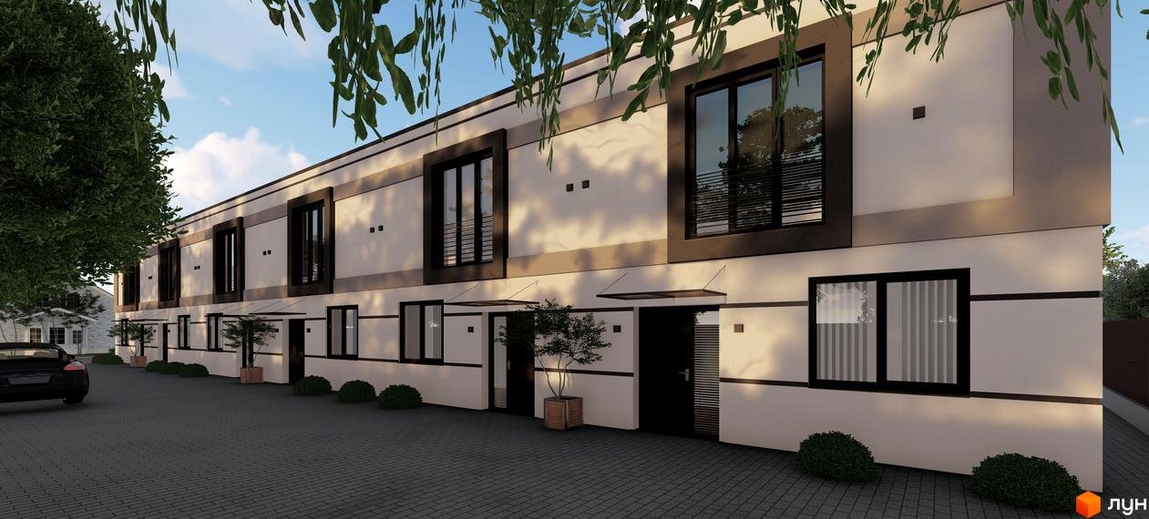 Зовнішній вигляд таунхаусів La Vie з темними вікнами та вхідними дверима, з невеликими деревами біля входу та бруківкою на території.