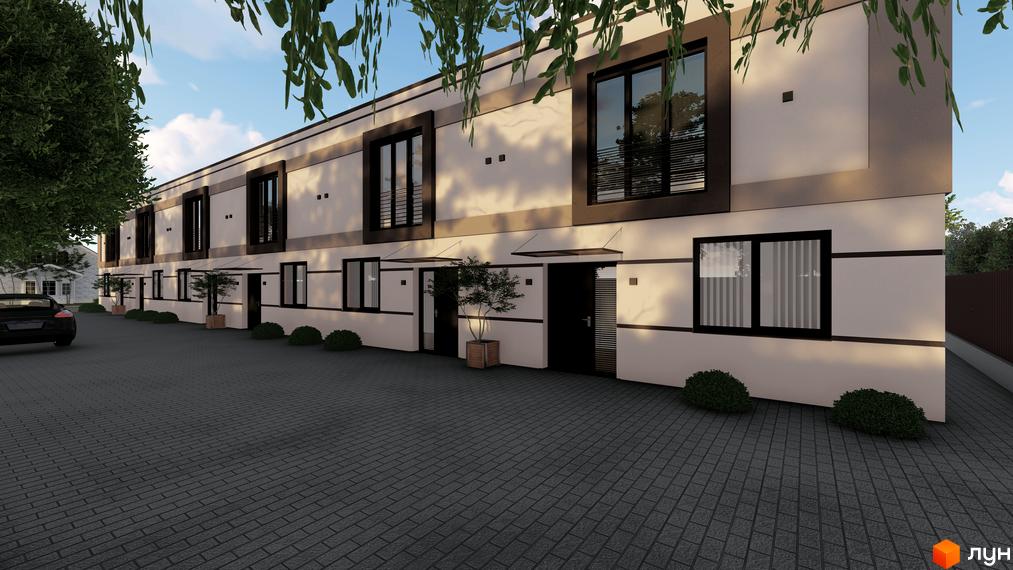 Зовнішній вигляд таунхаусів La Vie з темними вікнами та дверима, перед будинками бруківка та невеликі кущі.