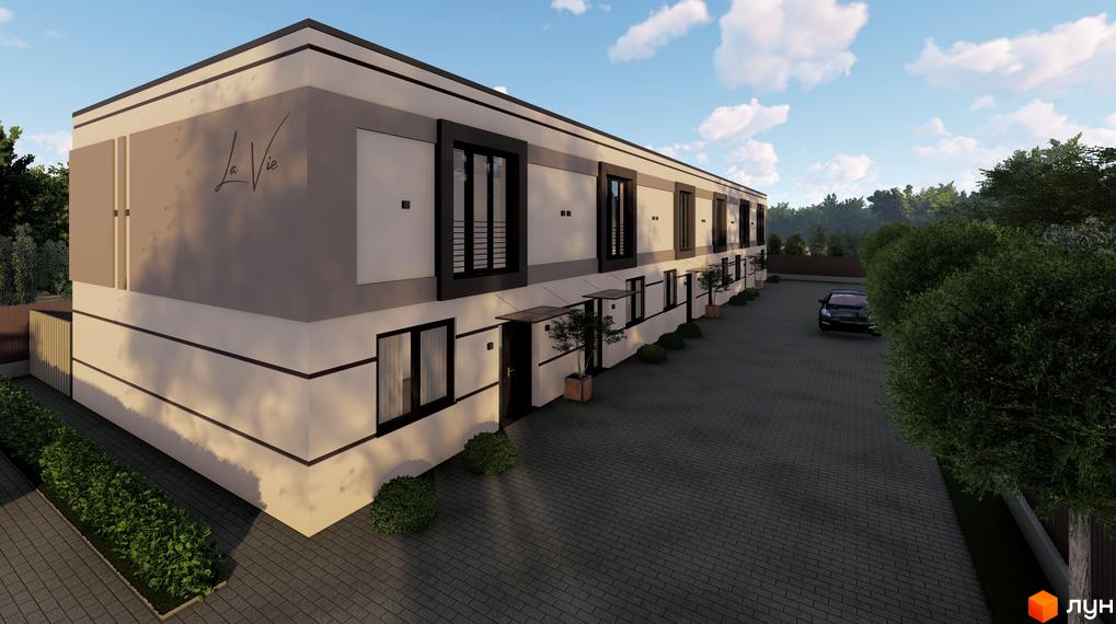 Зображення сторінки житлового комплексу La Vie. Двоповерхові таунхауси з темними вікнами та вхідними дверима, перед будинками бруківка та дерева.