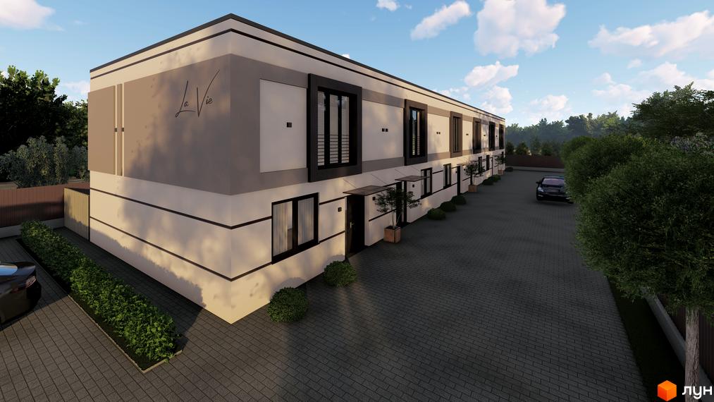 Таунхауси La Vie. Двоповерхові будинки з темними вікнами та оздобленням, перед будинками бруківка та зелені насадження, на території є парковка для авто.