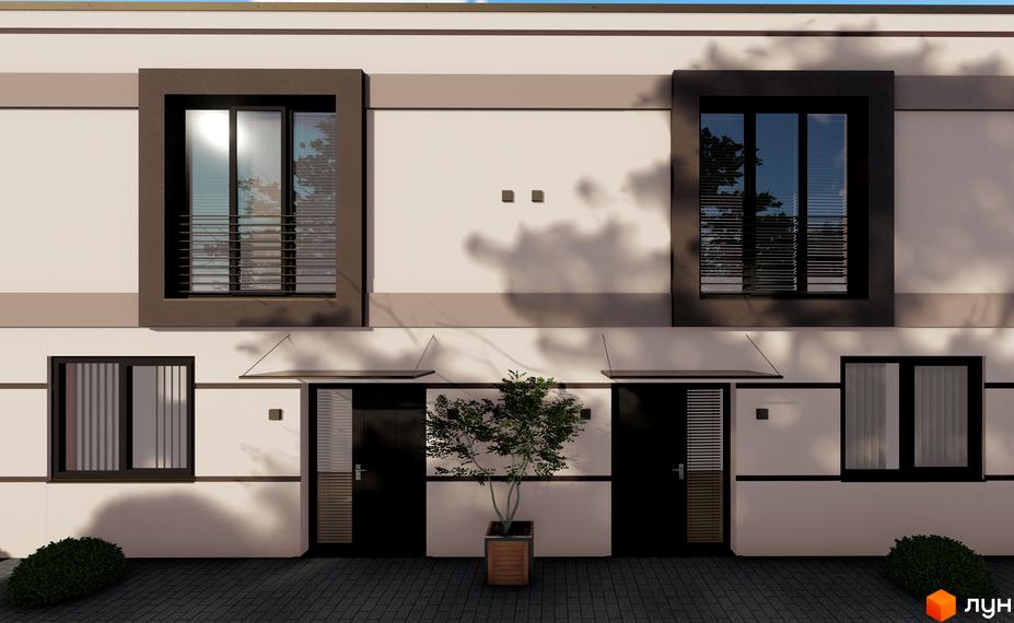 Фасад двоповерхового будинку в ЖК La Vie з великими вікнами та дверима. На прибудинковій території викладена плитка, ростуть кущі та дерево.