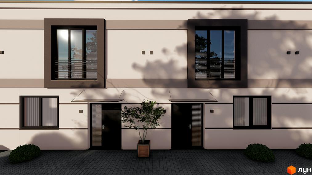 Фасад таунхаусів La Vie з великими вікнами та темними рамами. Перед будинками викладена бруківка, є декоративні кущі та невелике дерево.