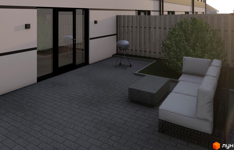 Затишна тераса біля будинку в ЖК La Vie з зоною відпочинку, барбекю та сучасним дизайном. Ідеальне місце для відпочинку на свіжому повітрі.