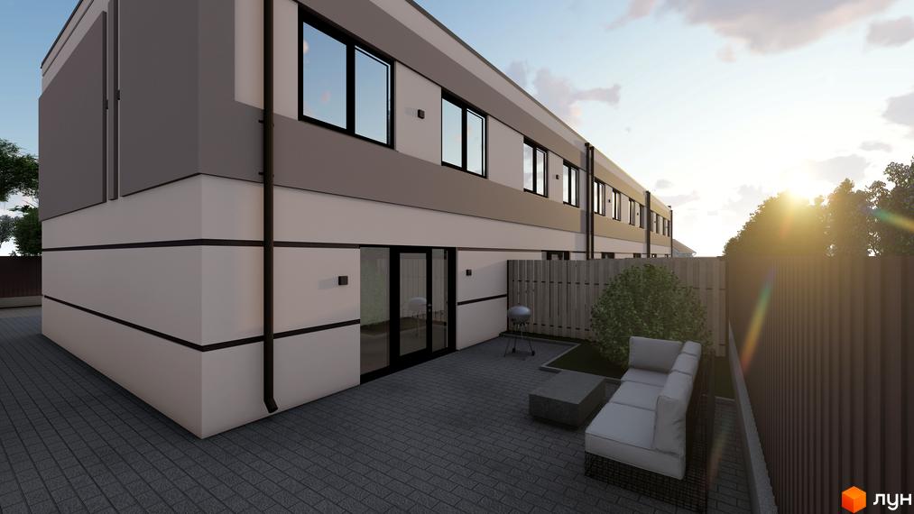 Зовнішній вигляд таунхаусів La Vie з терасою та зоною відпочинку. На подвір'ї бруківка, диван, мангал та зелені насадження.