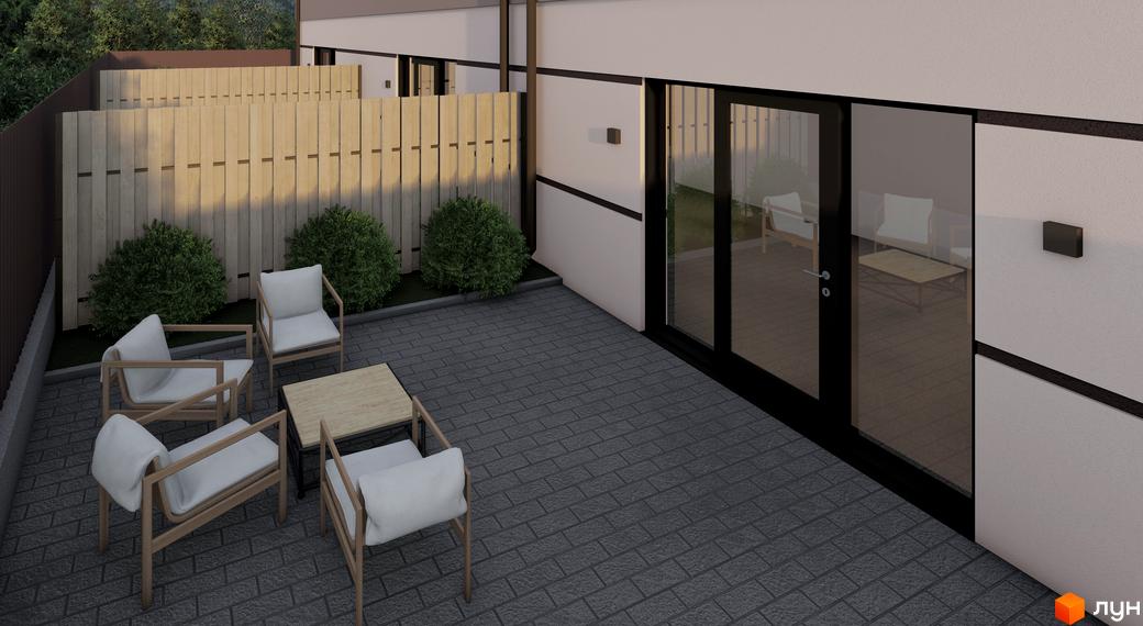 Затишна тераса з меблями біля будинку. Світлі стіни, великі вікна та акуратне планування території.