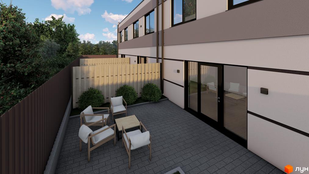 Зображення сторінки житлового комплексу La Vie. Двоповерховий будинок з панорамними вікнами та терасою. На прибудинковій території розміщені меблі для відпочинку.