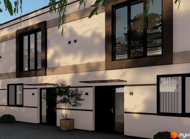 Зображення фасаду таунхаусів La Vie. Білі стіни, темні вікна та двері, невеликі козирки над входом. Перед будинком висаджені дерева.