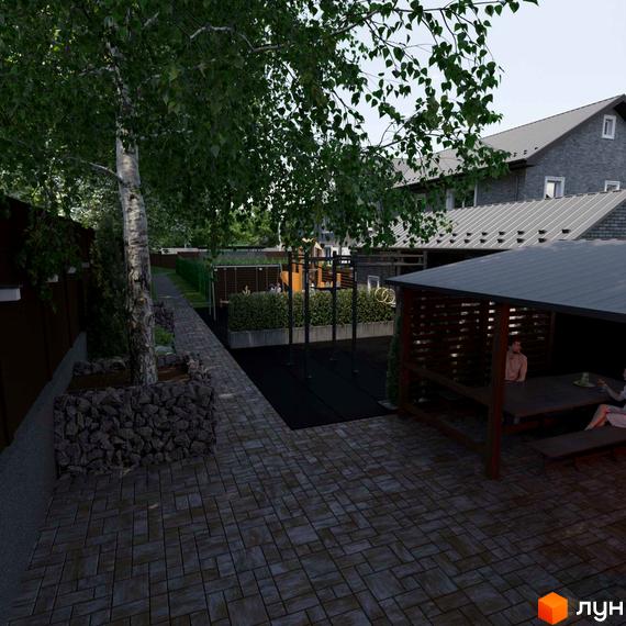 Котеджне містечко KM GREENBOR: сірий цегляний будинок з сірим дахом. На прибудинковій території розташований навіс зі столом та лавками, спортивний майданчик та зелені насадження.