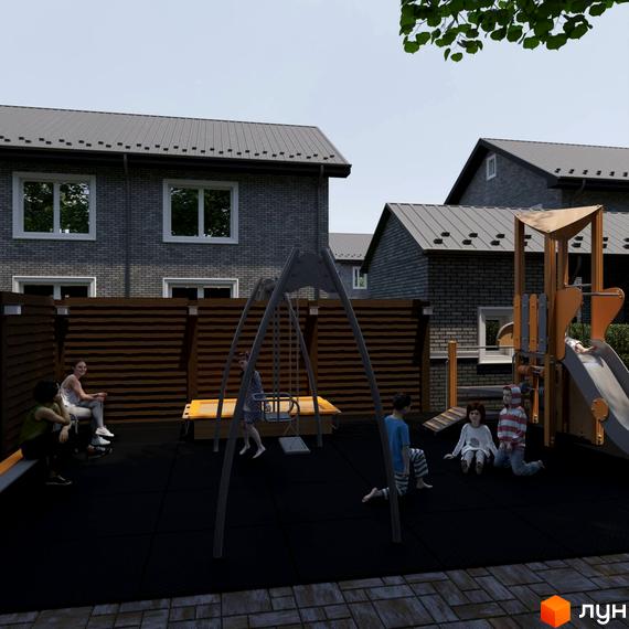 Котеджне містечко КМ GREENBOR. Дитячий майданчик з гіркою та гойдалкою біля цегляних будинків.