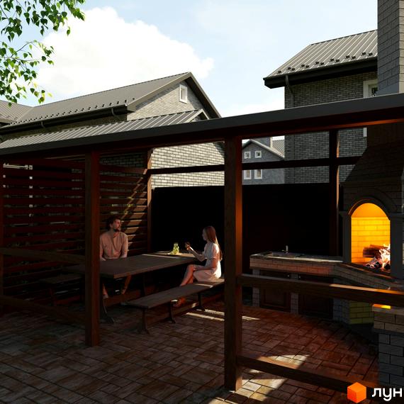 Котеджне містечко КМ GREENBOR: затишна альтанка з зоною барбекю та відпочинку біля цегляного будинку.