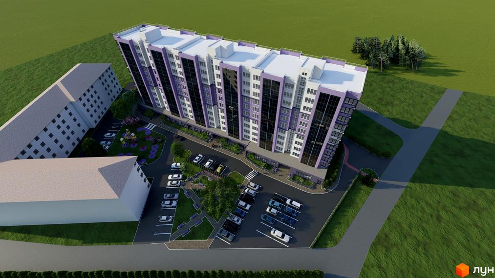 Житловий комплекс Колорит з фіолетовими фасадами та великими вікнами, поруч дитячий майданчик та парковка.