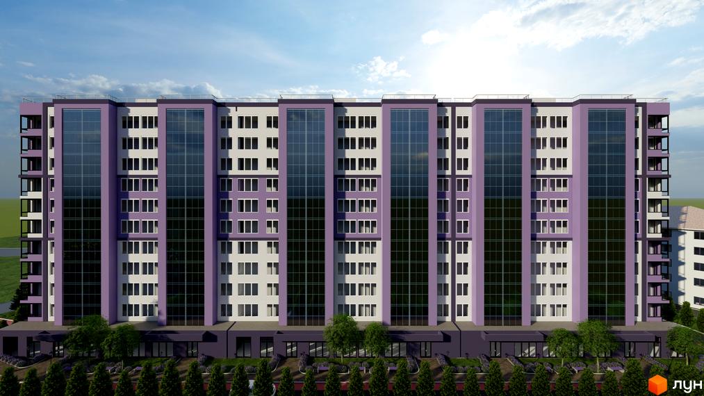 Зображення фасаду багатоповерхового будинку в Житловому комплексі Колорит. На передньому плані дерева та ландшафтний дизайн.