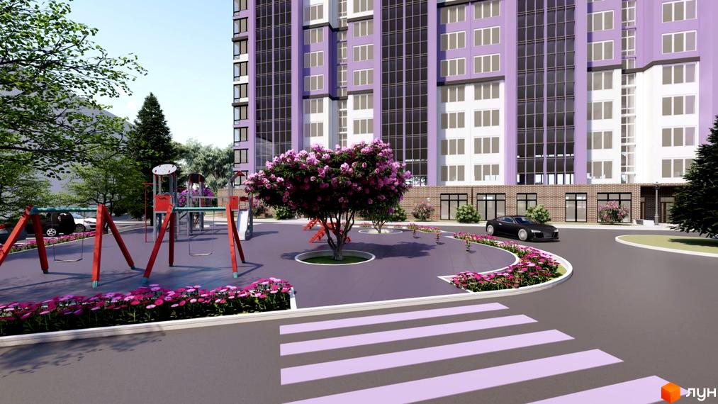 Зображення фасаду та дитячого майданчику Житлового комплексу Колорит. Вигляд новобудови та прибудинкової території.