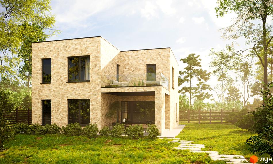 Двоповерховий будинок з піщаної цегли з великими вікнами та терасою. На подвір'ї газон, доріжка з плитки та зелені насадження.
