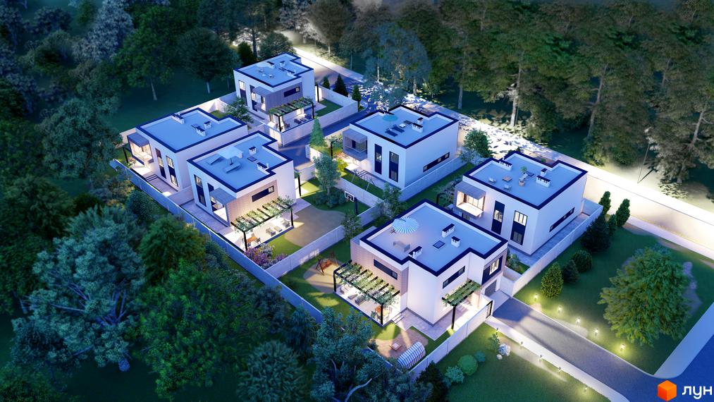 Огляд котеджів КМ 6 Element з білими фасадами, терасами та доглянутою прибудинковою територією, включаючи зелені насадження та зони відпочинку.