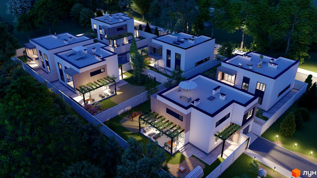 Зображення житлового будинку в Котеджному містечку 6 Element з плоским дахом та терасою. На прибудинковій території є газон, дерева та зона відпочинку.