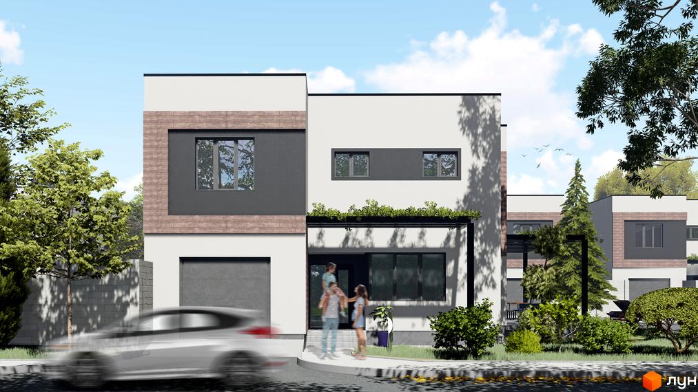 Фасад будинку в Котеджному містечку 6 Element. Білі стіни з темними вставками, гараж, зелені насадження та сім'я біля входу.